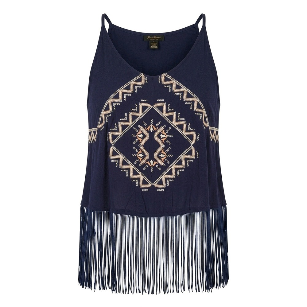 Jenna Hansen Navy Blue Embroidered Fringe Hem Cami Tank Top Boho Festival XS - Picture 1 of 10